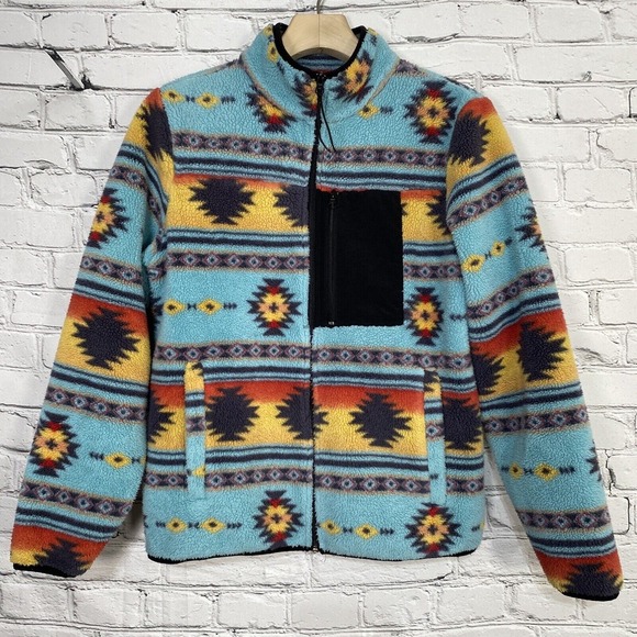 Pacsun Mens Aztec‎ Sherpa Fleece Jacket Size S Blue Yellow Southwestern Full Zip - Picture 1 of 16